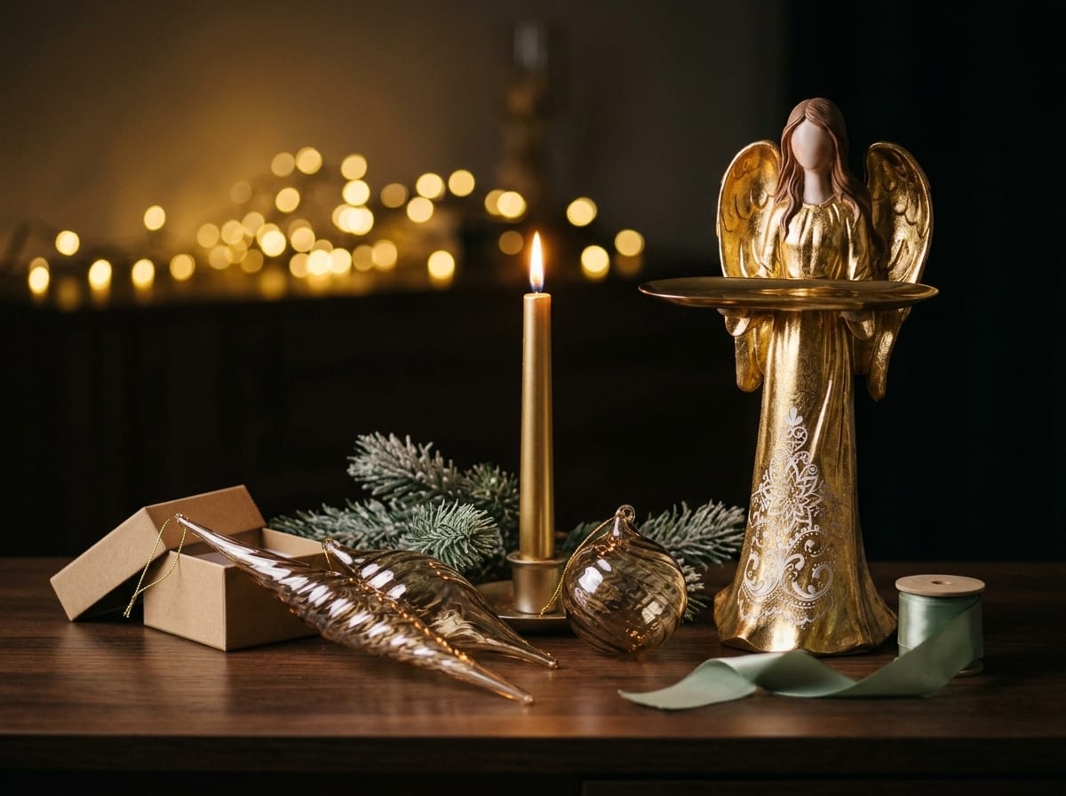 Goldener Engel, Glaskugeln und ein Geschenk im warmen Halbdunkel