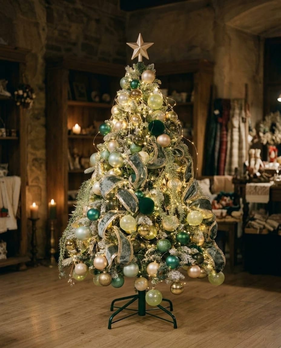 Geschmückter Christbaum in einem grünen Metallständer in der warmen Dämmerung eines Standorts