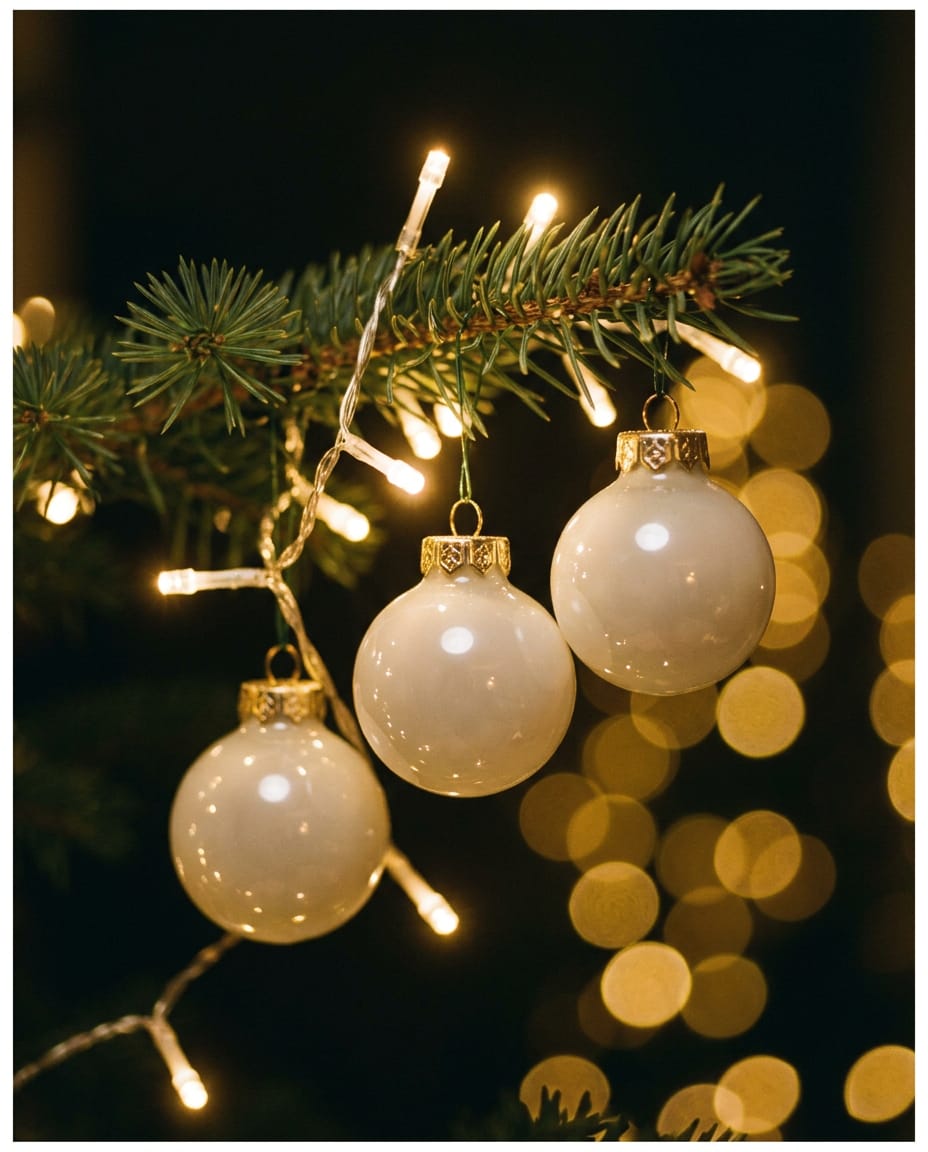 Warmweiße LED-Lichter und glänzende Glaskugeln an einem Zweig mit goldenem Bokeh