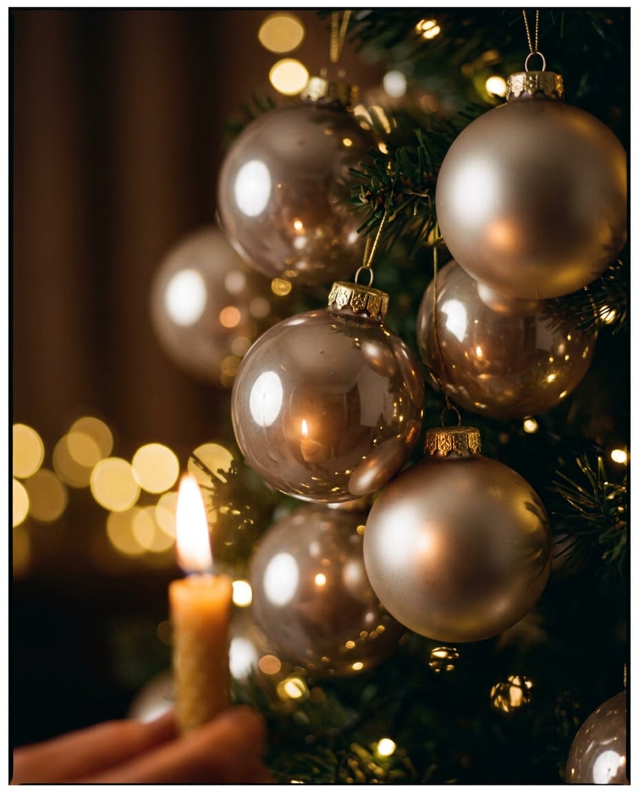 Glänzende gläserne Christbaumkugeln mit klassischem Metallverschluss im warmen Kerzenlicht