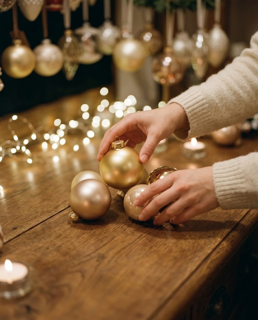 Hände arrangieren glänzende gläserne Christbaumkugeln am Tresen eines Standorts in der Dämmerung
