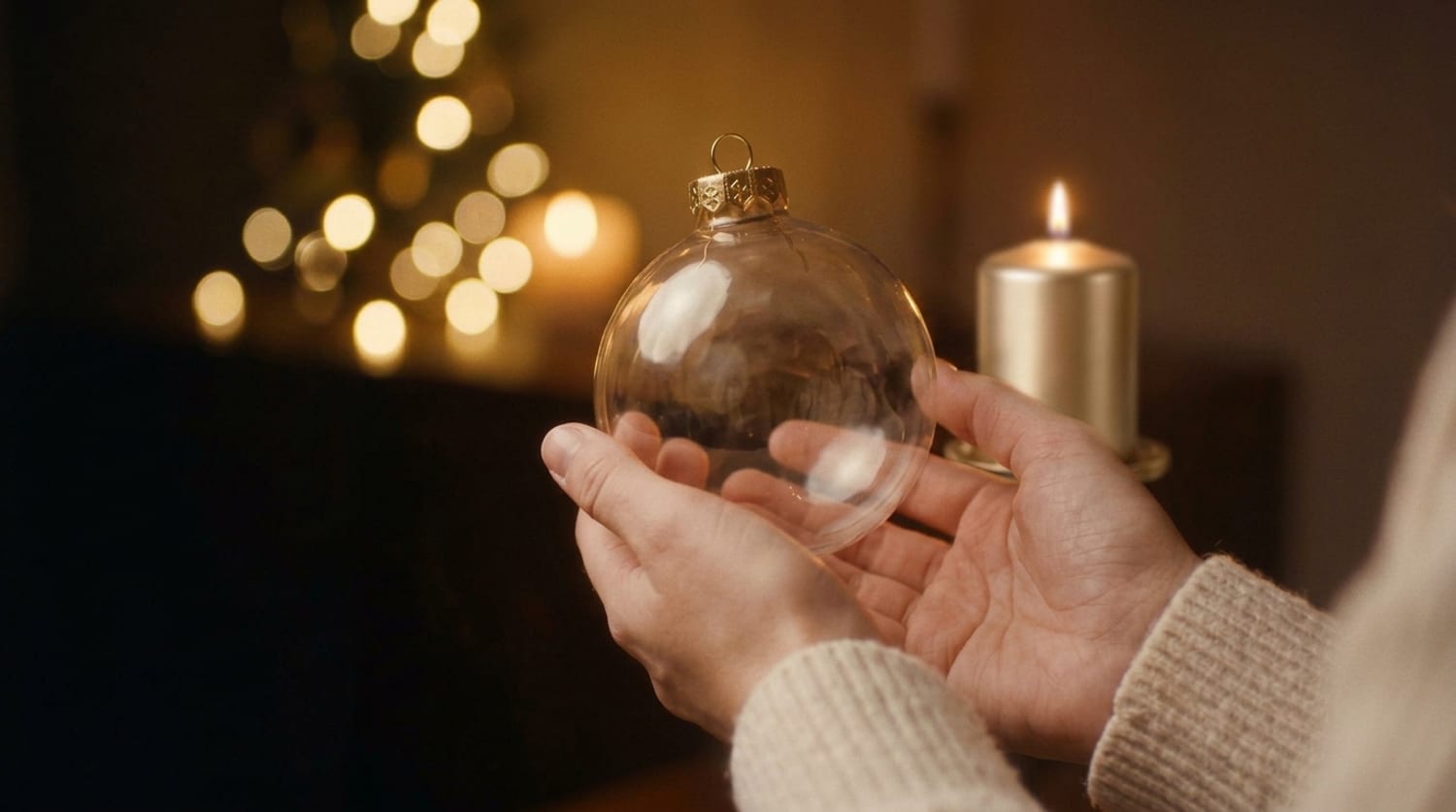 Hände halten eine leuchtende gläserne Christbaumkugel neben einer Kerzenflamme