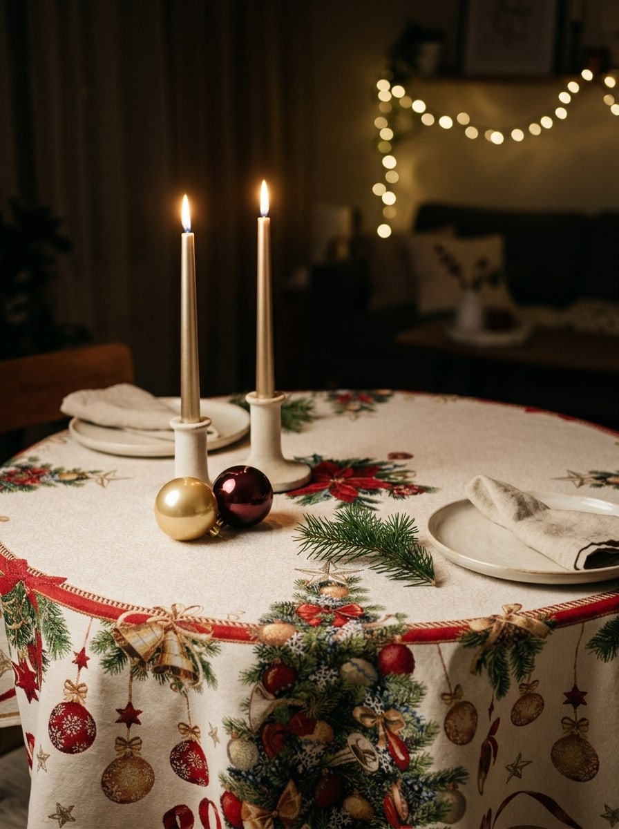 Weihnachtlicher Wandbehang-Tischläufer auf dem Tisch