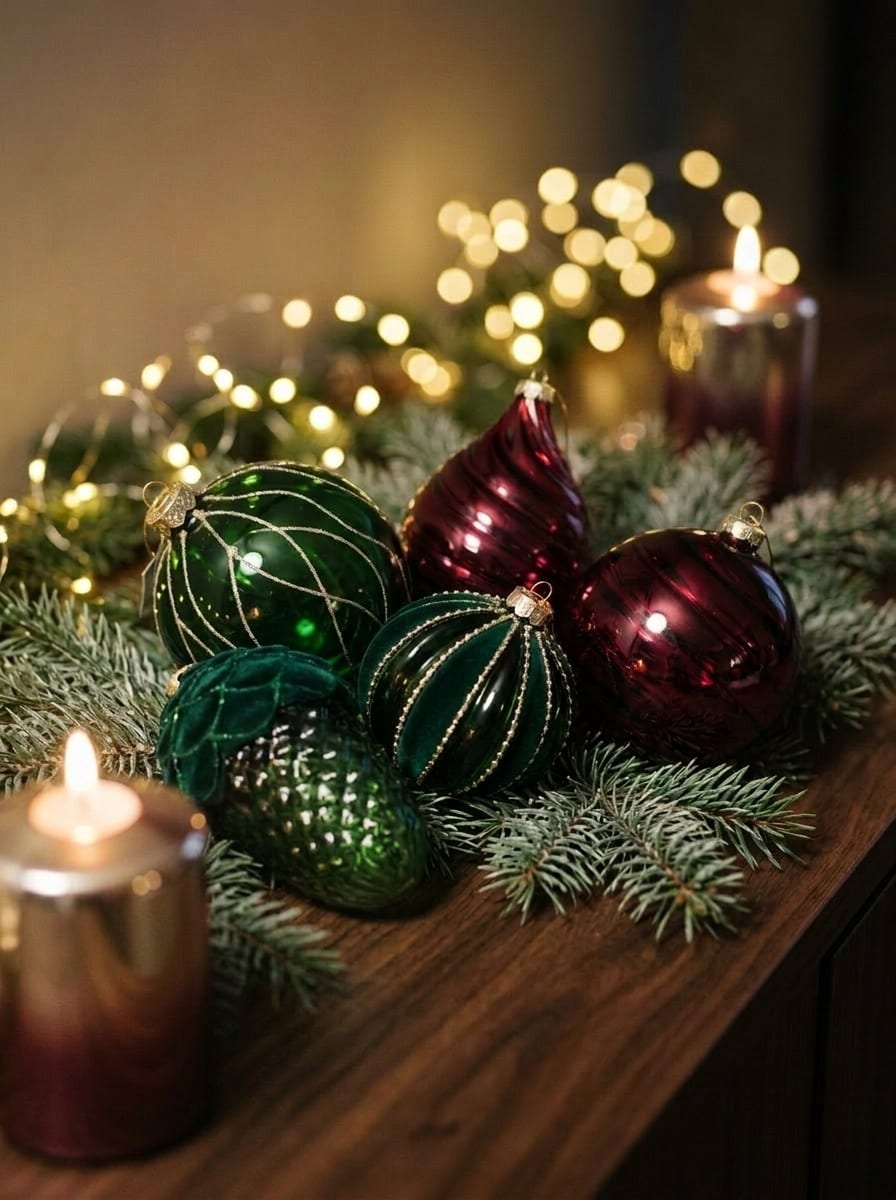 Christbaumschmuck aus Glas auf verschneitem Zweig