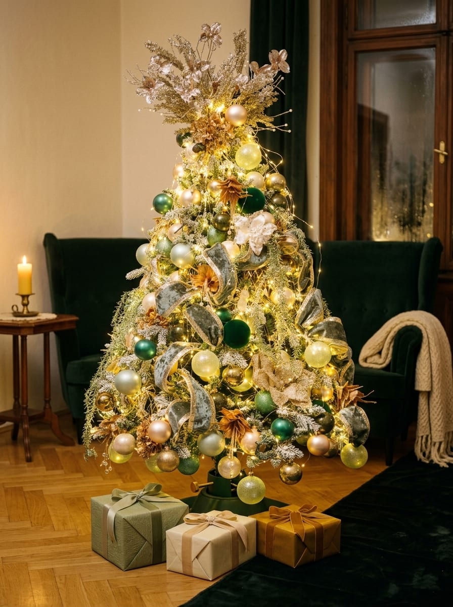 Christbaum mit gold-grünem Christbaumschmuck
