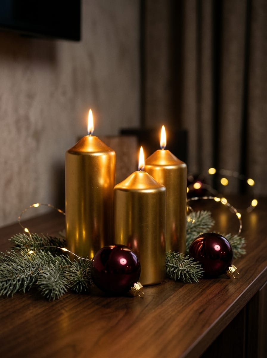 Goldene Weihnachtskerzen im Arrangement