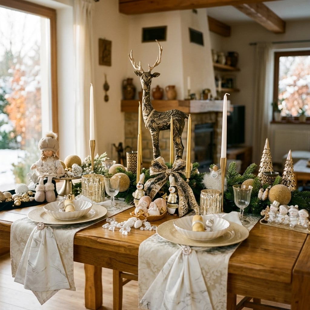 Festlich gedeckter Tisch mit goldenem Hirsch, Kerzen und cremefarbenem Läufer