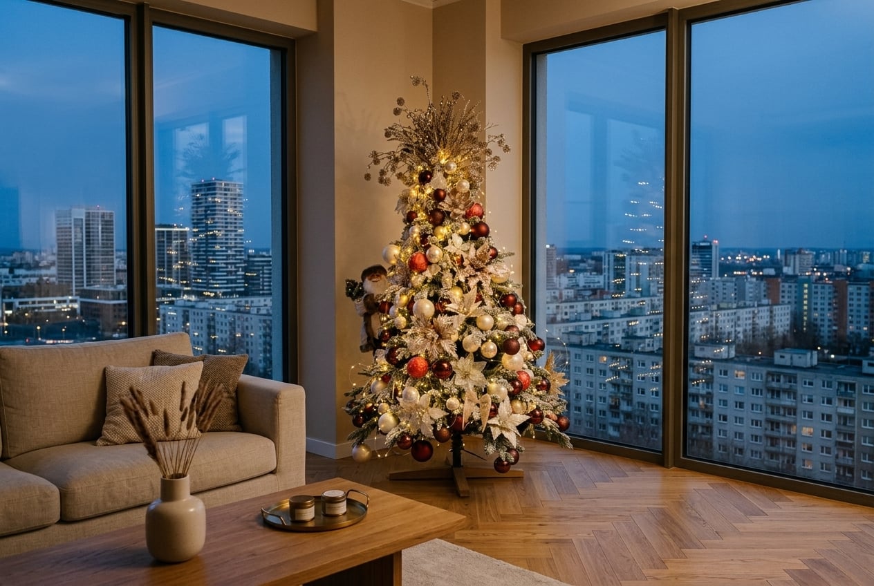 Geschmückter Christbaum in einer modernen Stadtwohnung mit abendlichem Stadtblick