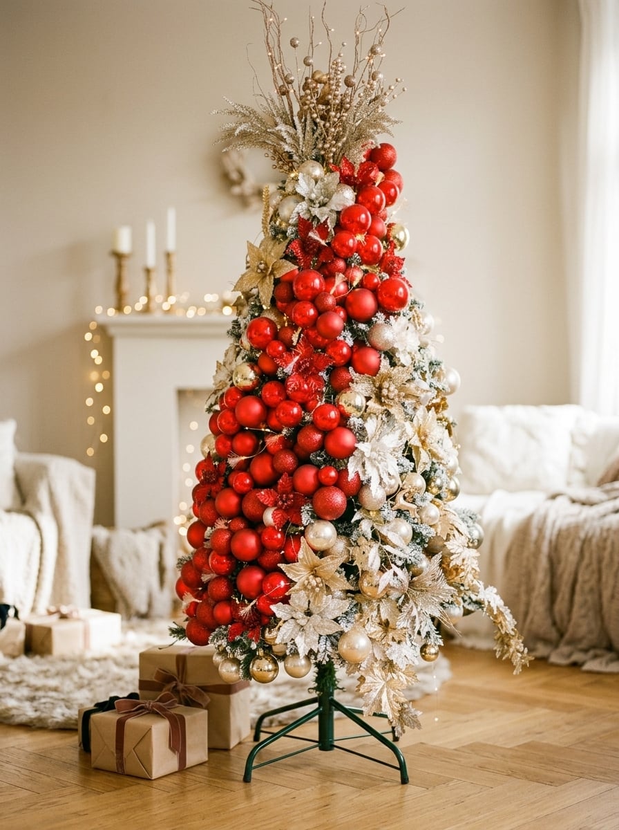 Rot-goldener geschmückter Christbaum auf grünem Metallständer im hellen Wohnzimmer