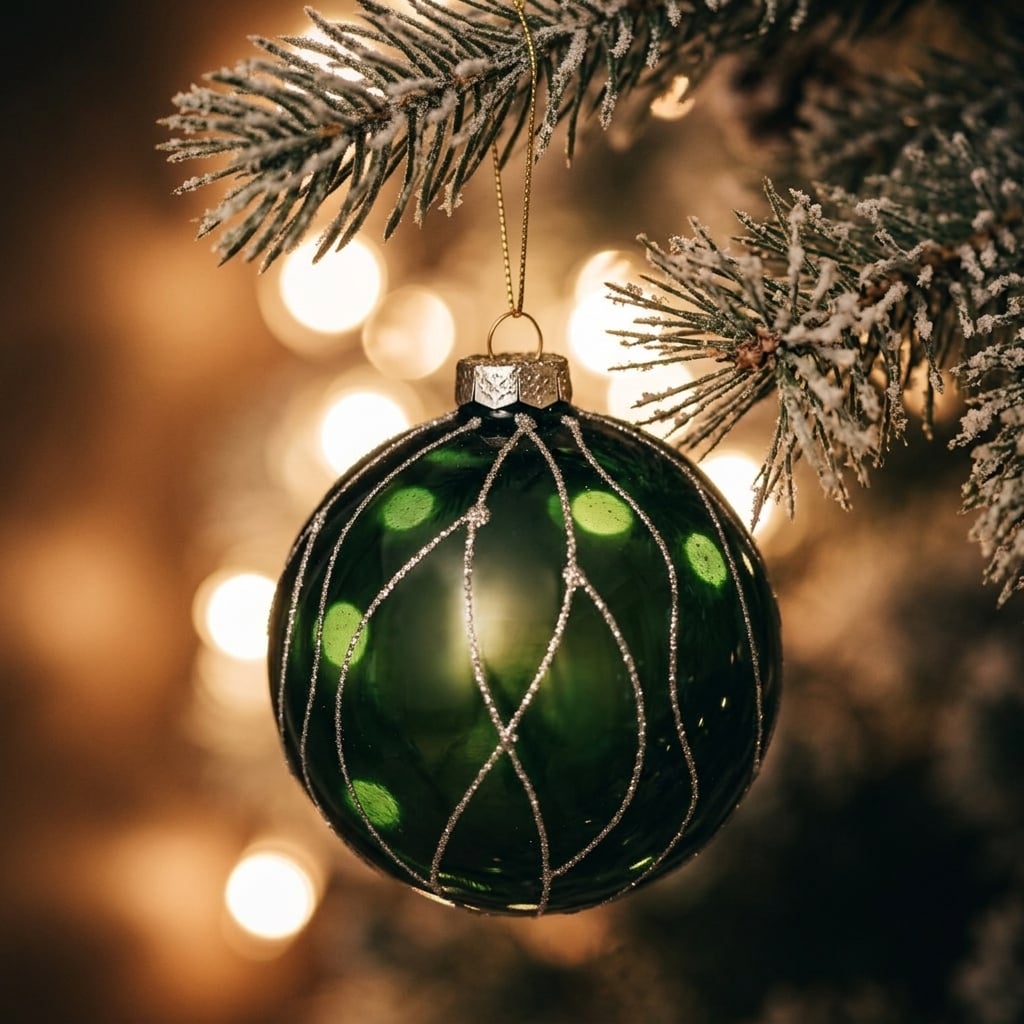 Dunkelgrüne glänzende Glaskugel am Tannenzweig mit warmem Bokeh-Licht