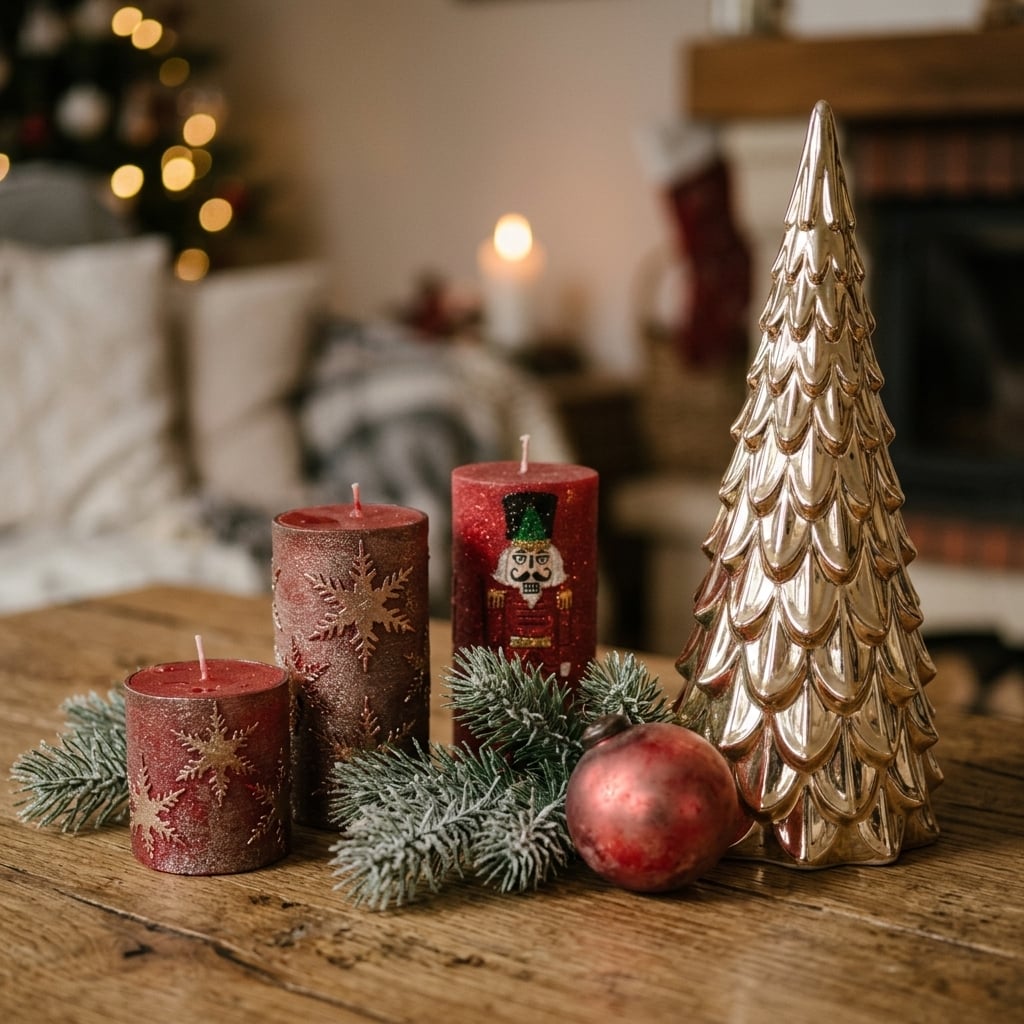 Rote Kerzen und ein goldener Keramikbaum auf einem Holztisch