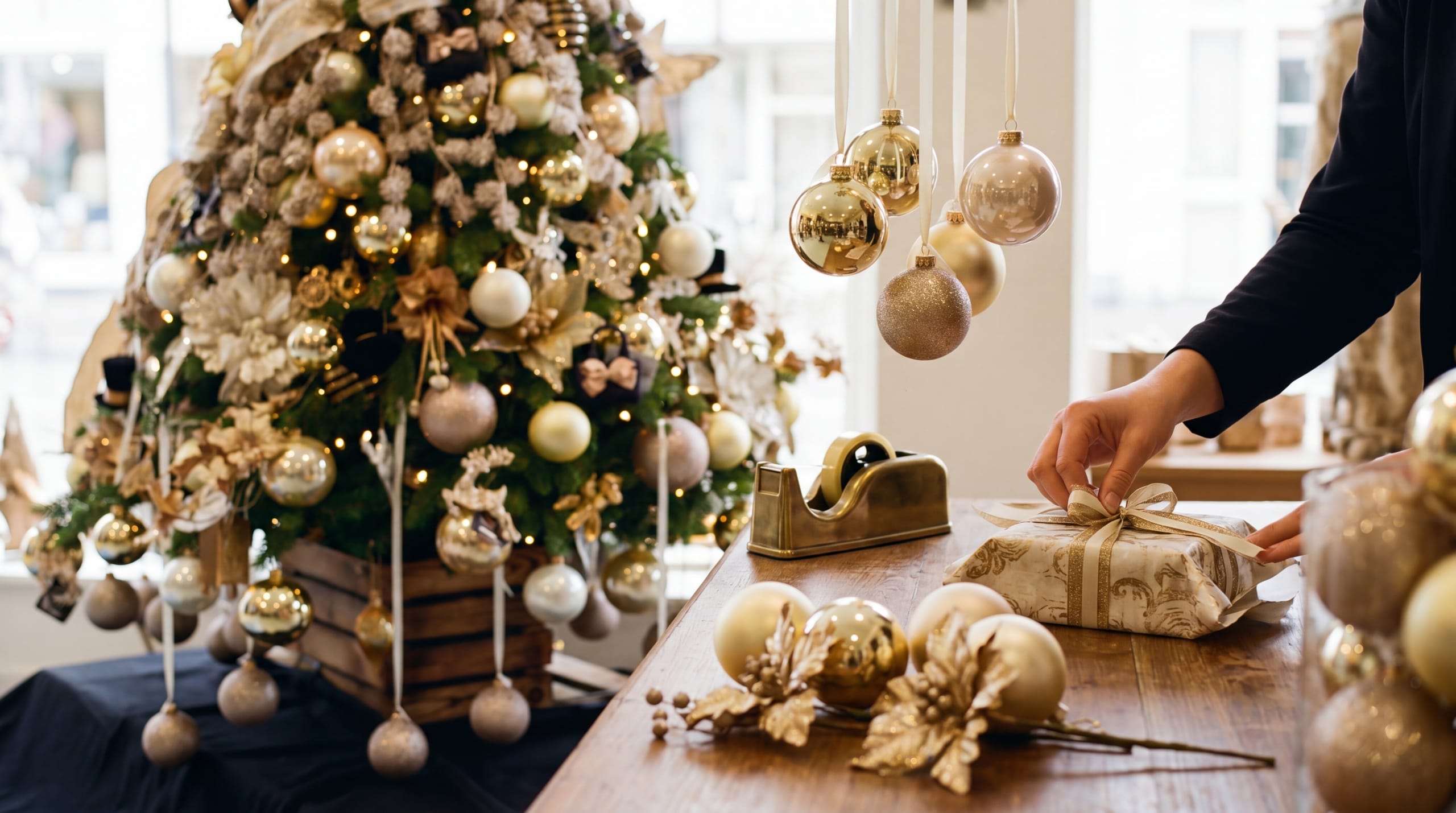 Hände verpacken ein Weihnachtsgeschenk am Tresen eines saisonalen Christmas-Home-Standorts, im Hintergrund ein geschmückter Christbaum und warmes Licht