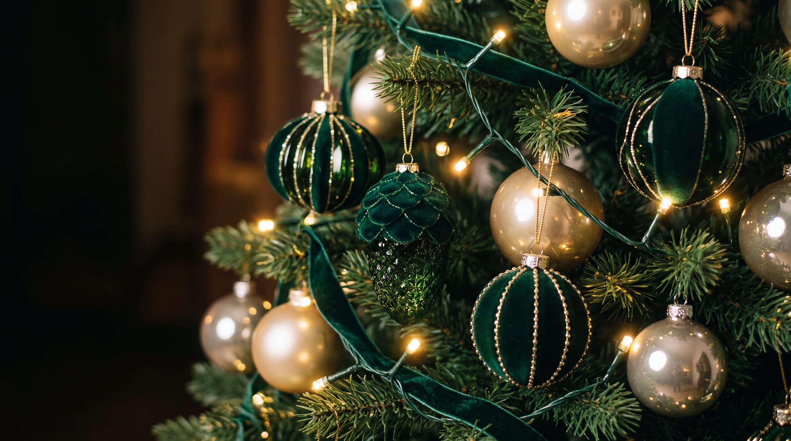 Smaragdgrüner Samt und glänzender Glasschmuck der neuen Kollektion 2026 an den Zweigen des Christbaums mit warmen Lichtern