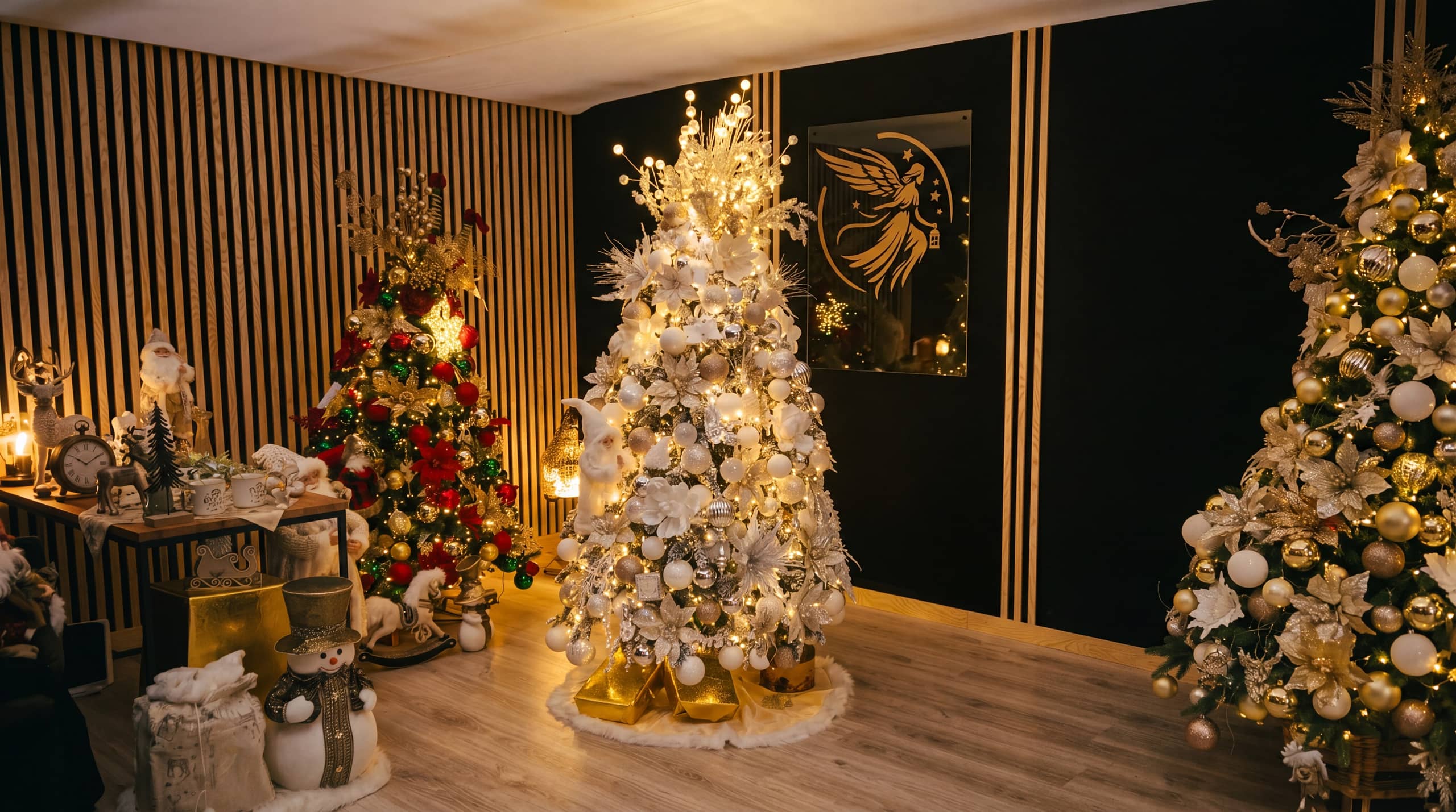 Saisonaler Standort von Christmas Home in der Dämmerung — drei beleuchtete Christbäume und warme Lichter