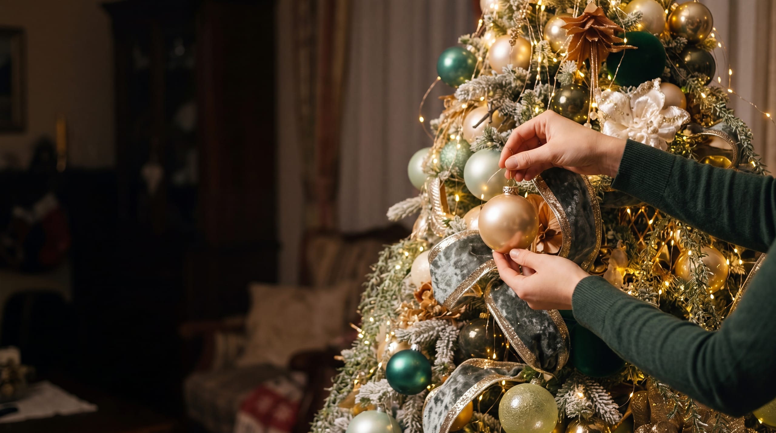 Hände einer Stylistin hängen eine champagnerfarbene Glaskugel an einen salbeigrün-goldenen geschmückten Christbaum im warmen Abendlicht