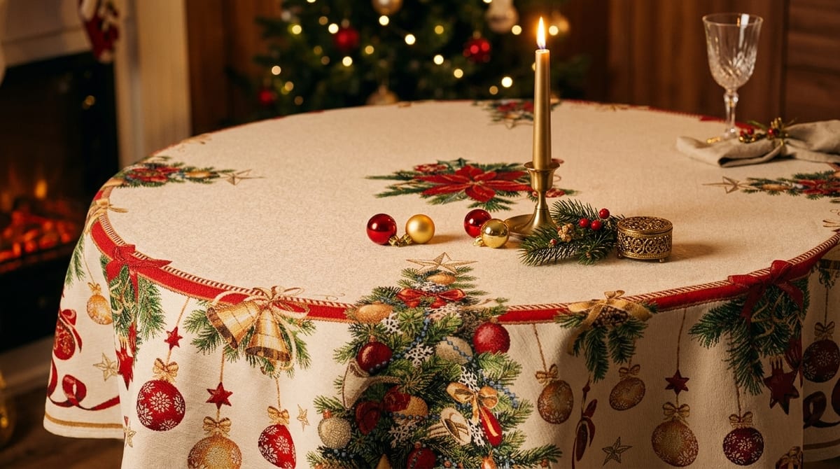 Weihnachtlicher Wandbehang-Tischläufer auf festlich gedecktem Tisch