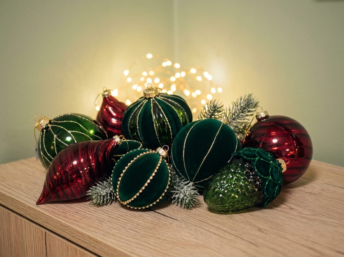 Smaragdgrüner und weinroter Glasschmuck