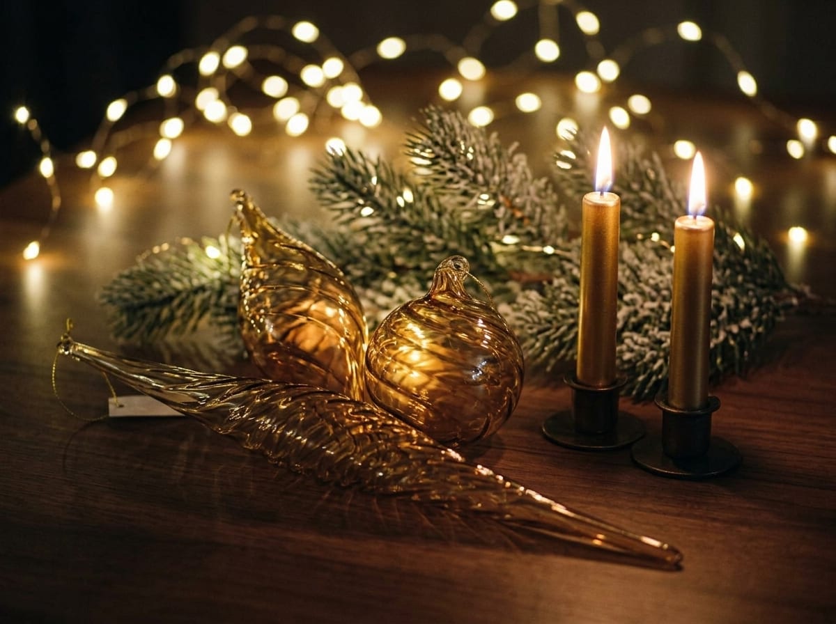Glasschmuck, vom warmen Kerzenlicht durchleuchtet