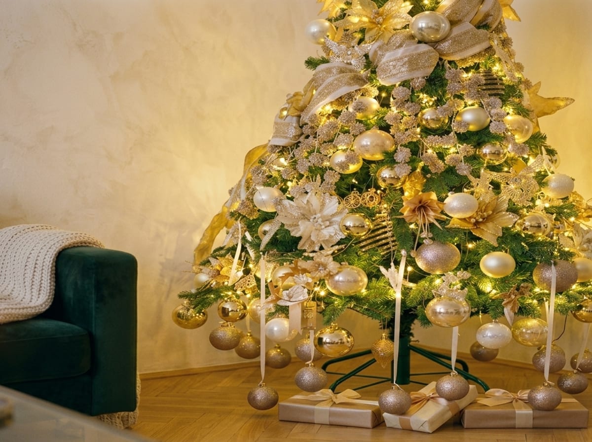 Erleuchteter champagnerfarben-goldener Christbaum im Wohnzimmer
