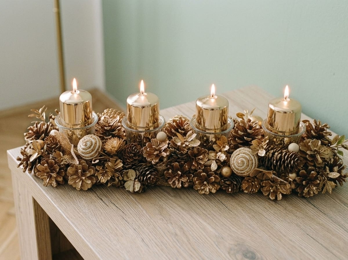 Goldener Adventkranz mit brennenden Kerzen