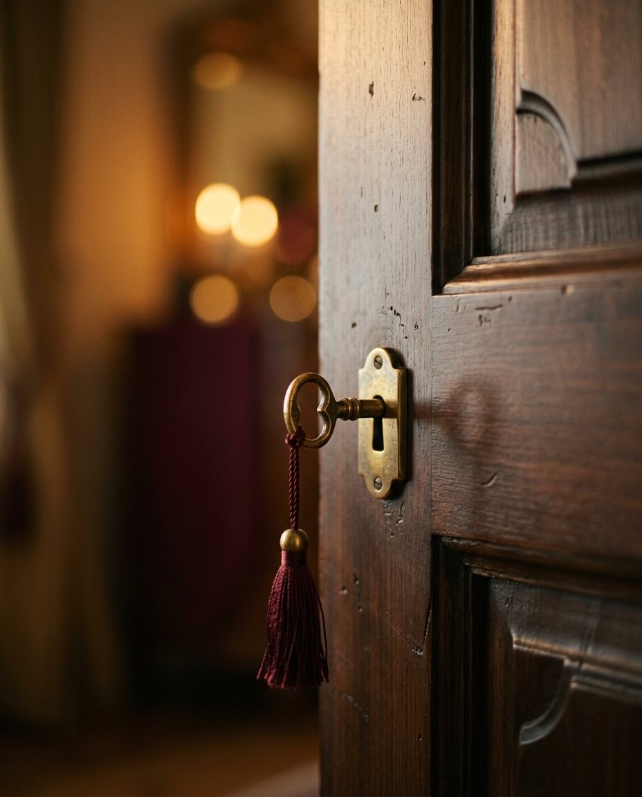 A key on a burgundy velvet ribbon in a store door