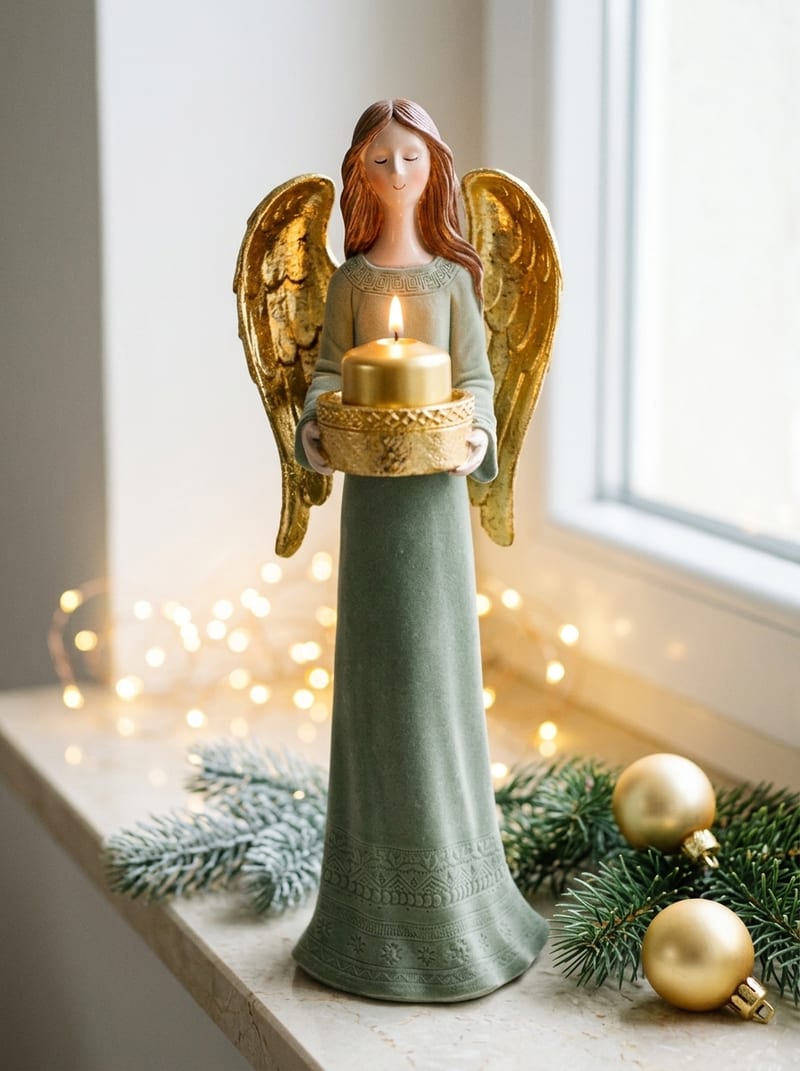 Grün-goldener Keramikengel mit Kerzenhalter
