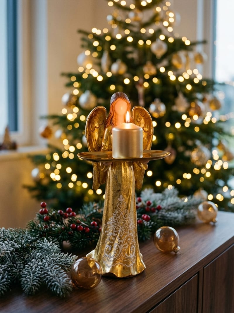 Goldener Keramikengel mit Kerzenhalter