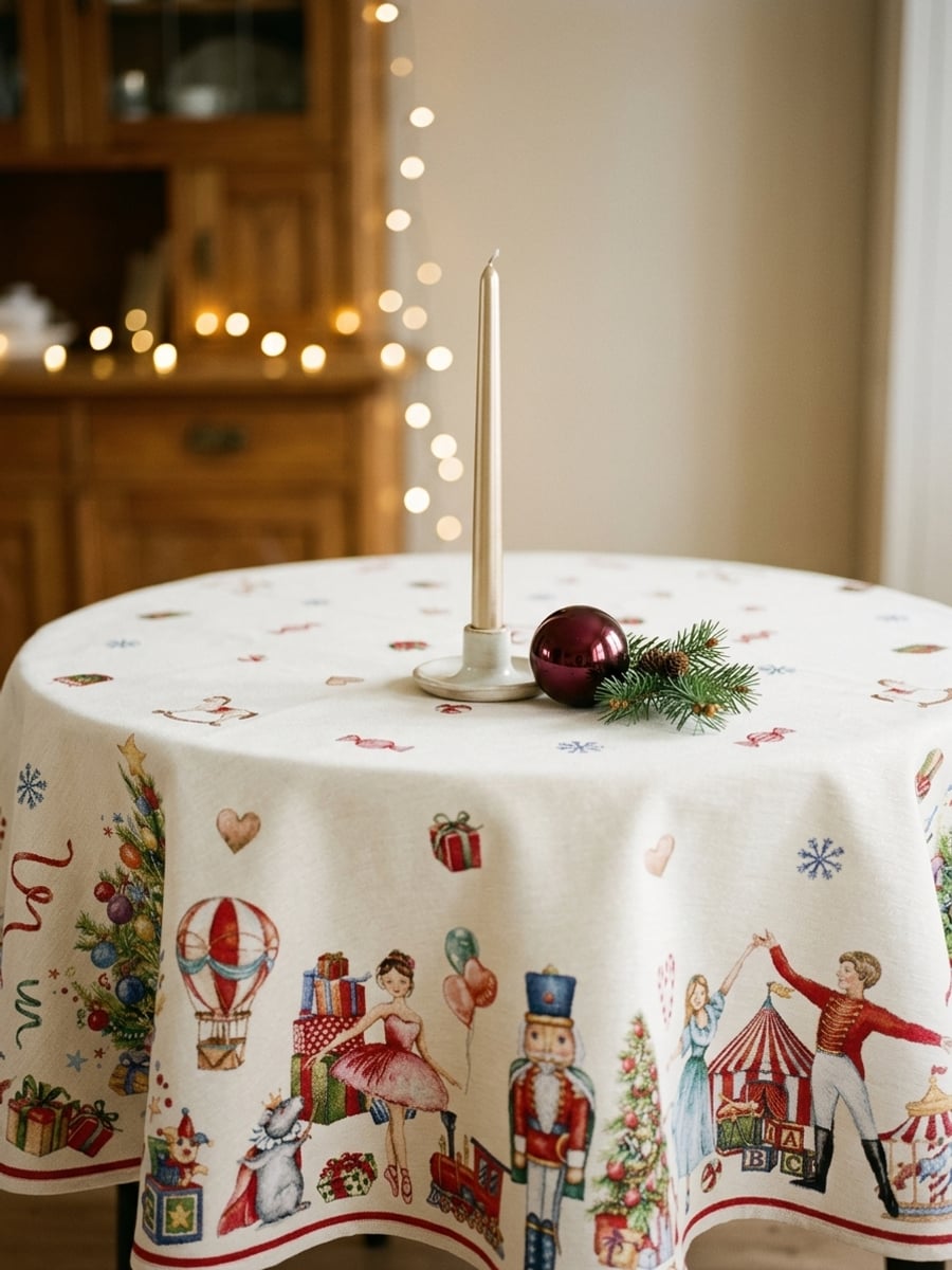 Runde Gobelin-Tischdecke mit Nussknacker-Muster