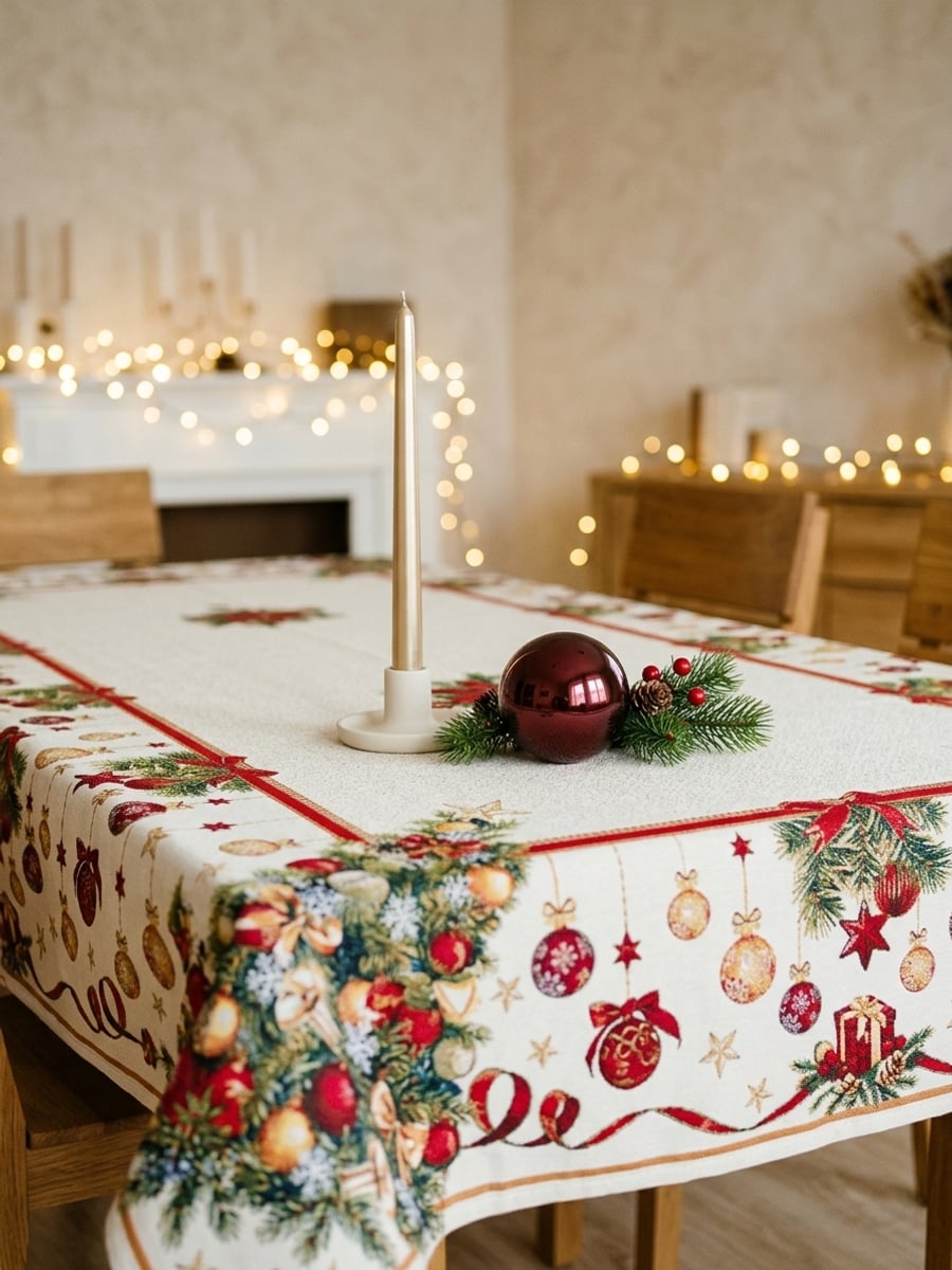 Rechteckige Gobelin-Tischdecke mit Christbaum- und Weihnachtssternmuster