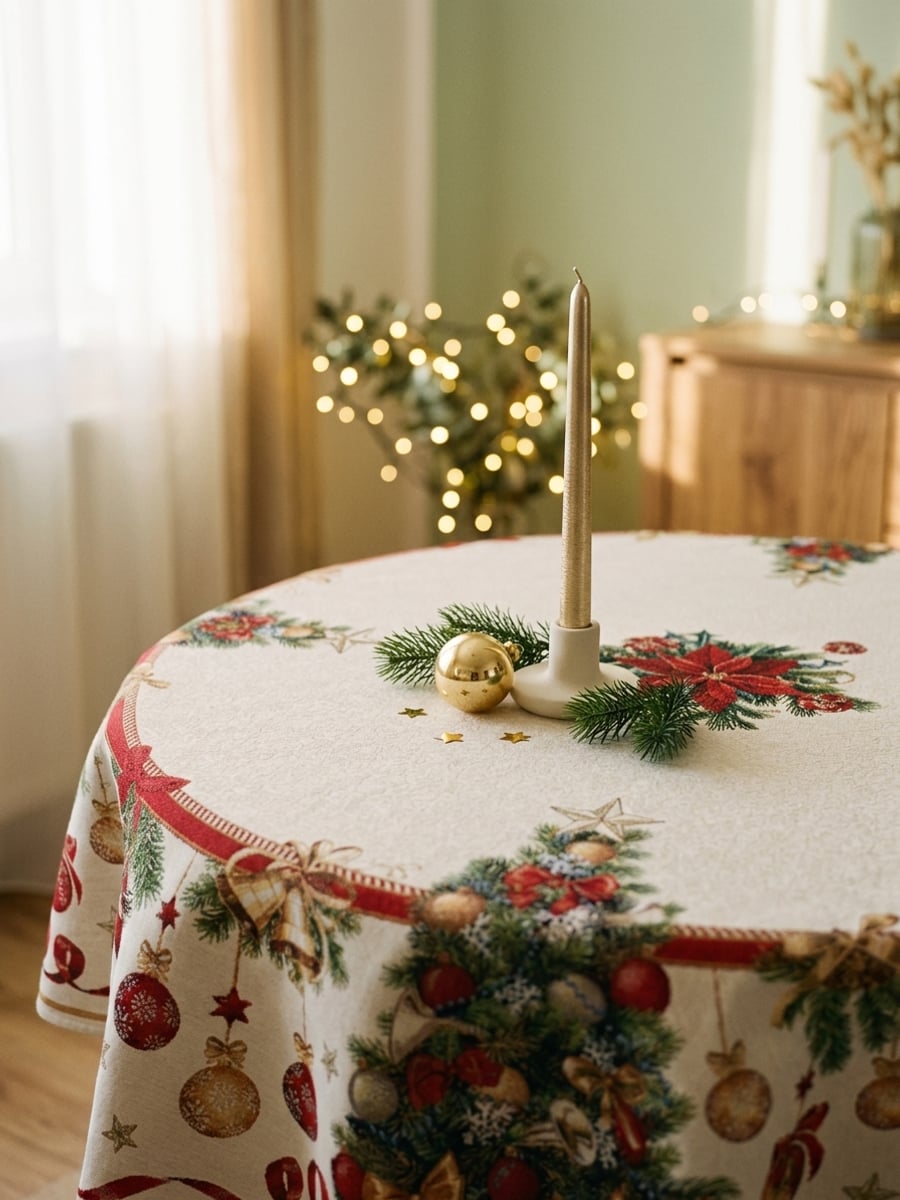 Runde Gobelin-Tischdecke mit Christbaum-Muster