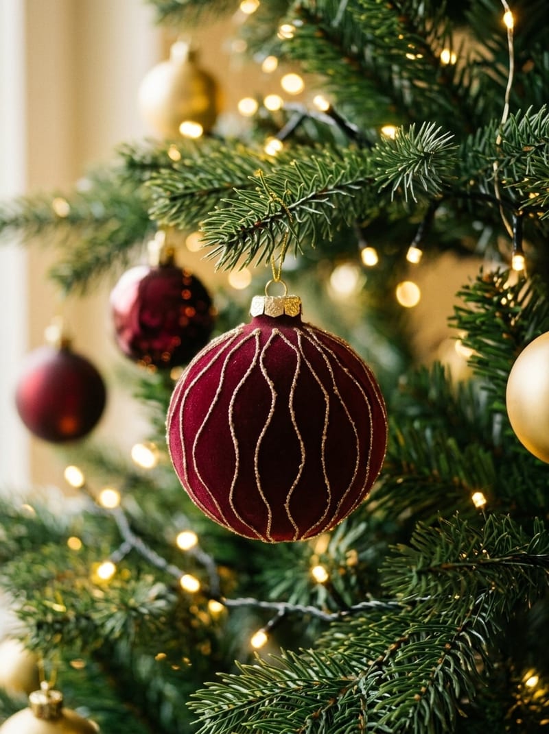 Weinrote Samtkugel, 11 cm, am Christbaum