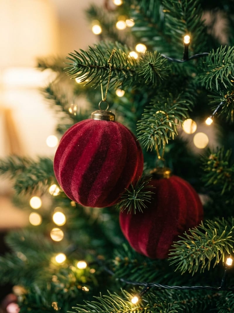 Weinrote Samtkugeln, 8 cm, am Christbaum
