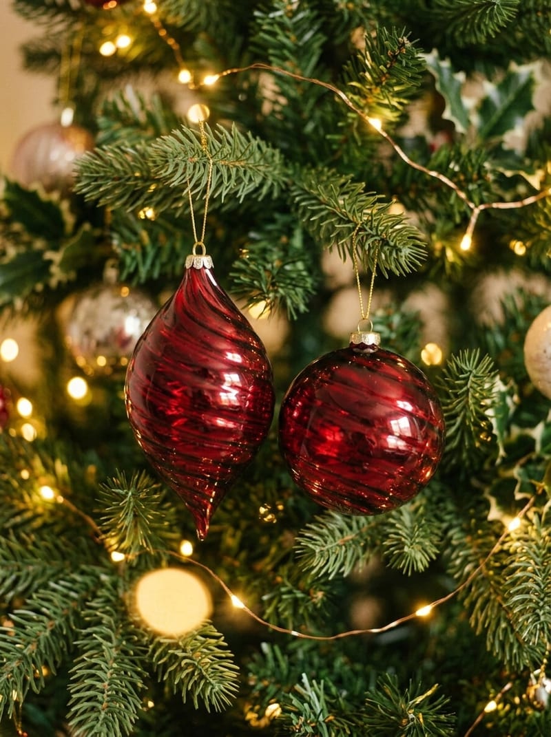 Weinrote Christbaumkugeln aus Glas am Christbaum
