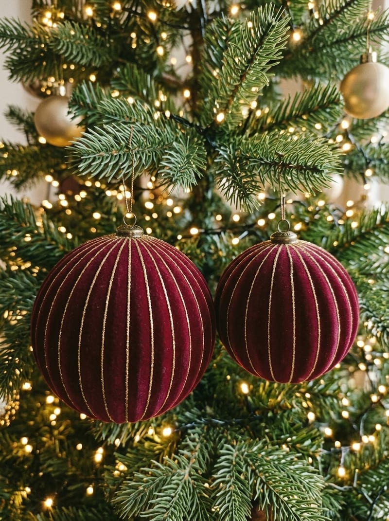 Weinrot-goldene Samtkugeln am Christbaum