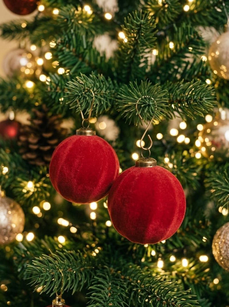 Rote Samtkugeln, 8 cm, am Christbaum