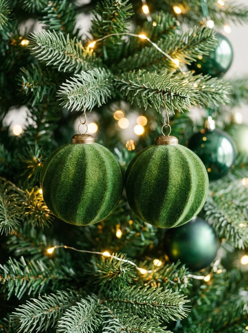Smaragdgrüne Samtkugeln, 8 cm, am Christbaum