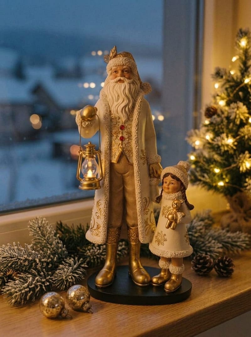 Weiß-goldener Keramik-Weihnachtsmann mit kleinem Mädchen