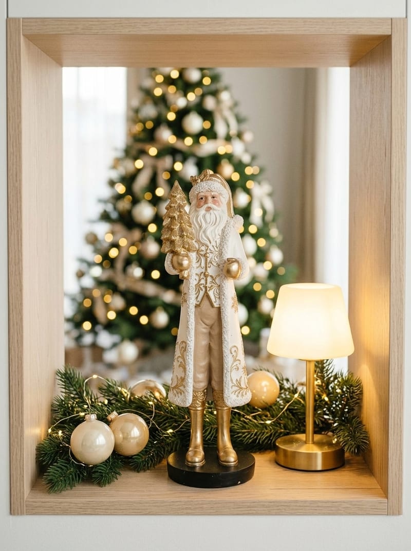 Weiß-goldene Keramikfigur des Weihnachtsmanns