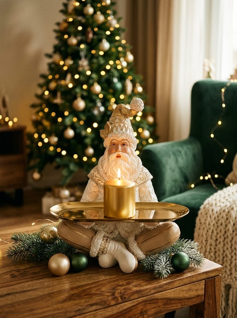 Weiß-goldener Keramik-Weihnachtsmann mit Kerzenhalter