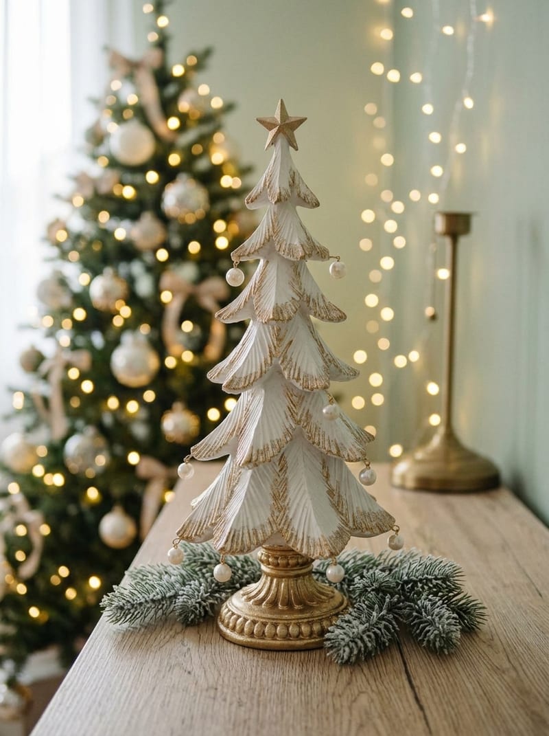 Kleiner weiß-goldener Christbaum aus Keramik