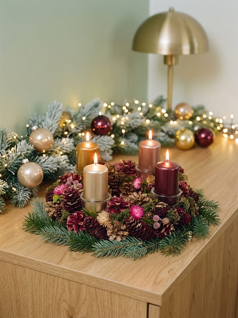 Adventkranz mit weinroten natürlichen Zapfen und Kerzenhalter