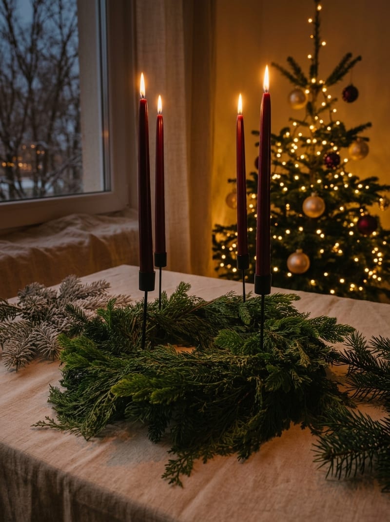 Grüner Adventkranz mit vier Kerzen