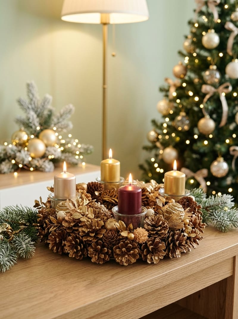 Goldener Adventkranz mit gläsernen Kerzenhaltern