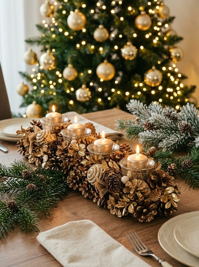 Breiter flacher goldener Adventkranz für vier Kerzen