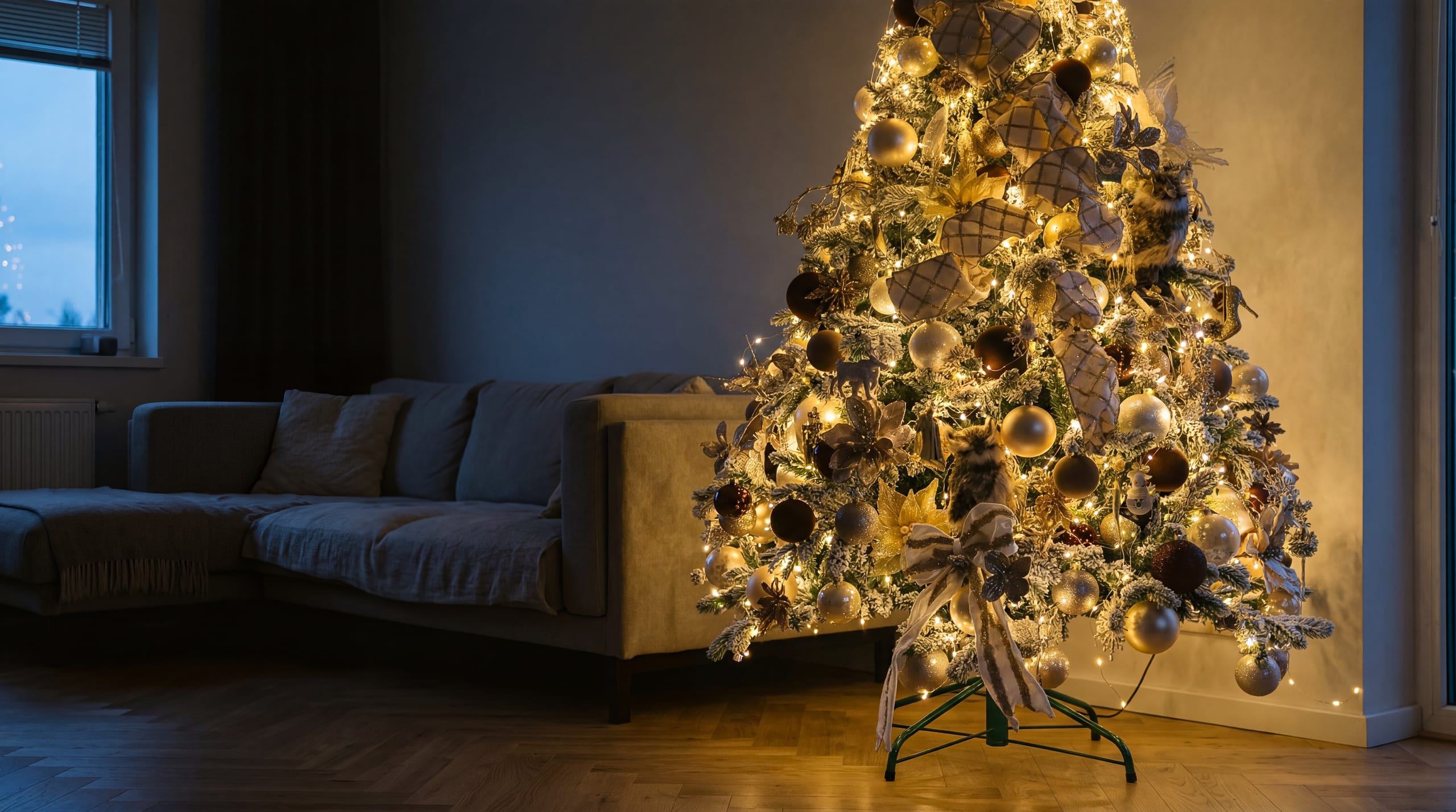 Erleuchteter Christbaum in einem gemütlichen Wohnzimmer in der Dämmerung