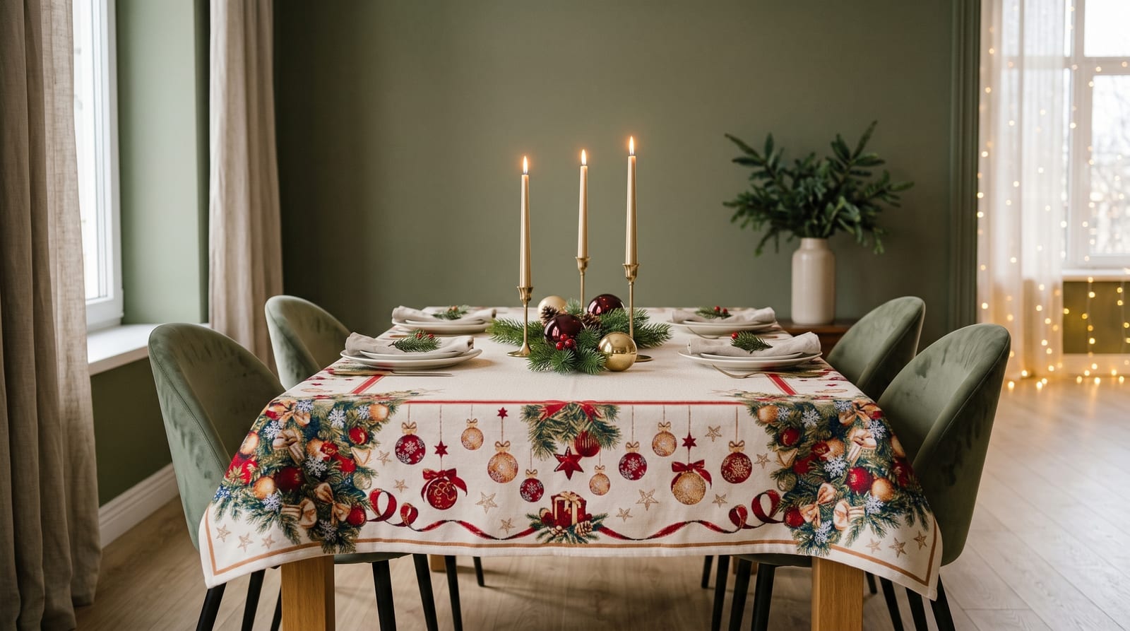 Gedeckter Weihnachtstisch mit Gobelin-Tischdecke und Kerzen in goldenen Leuchtern vor einer grünen Wand