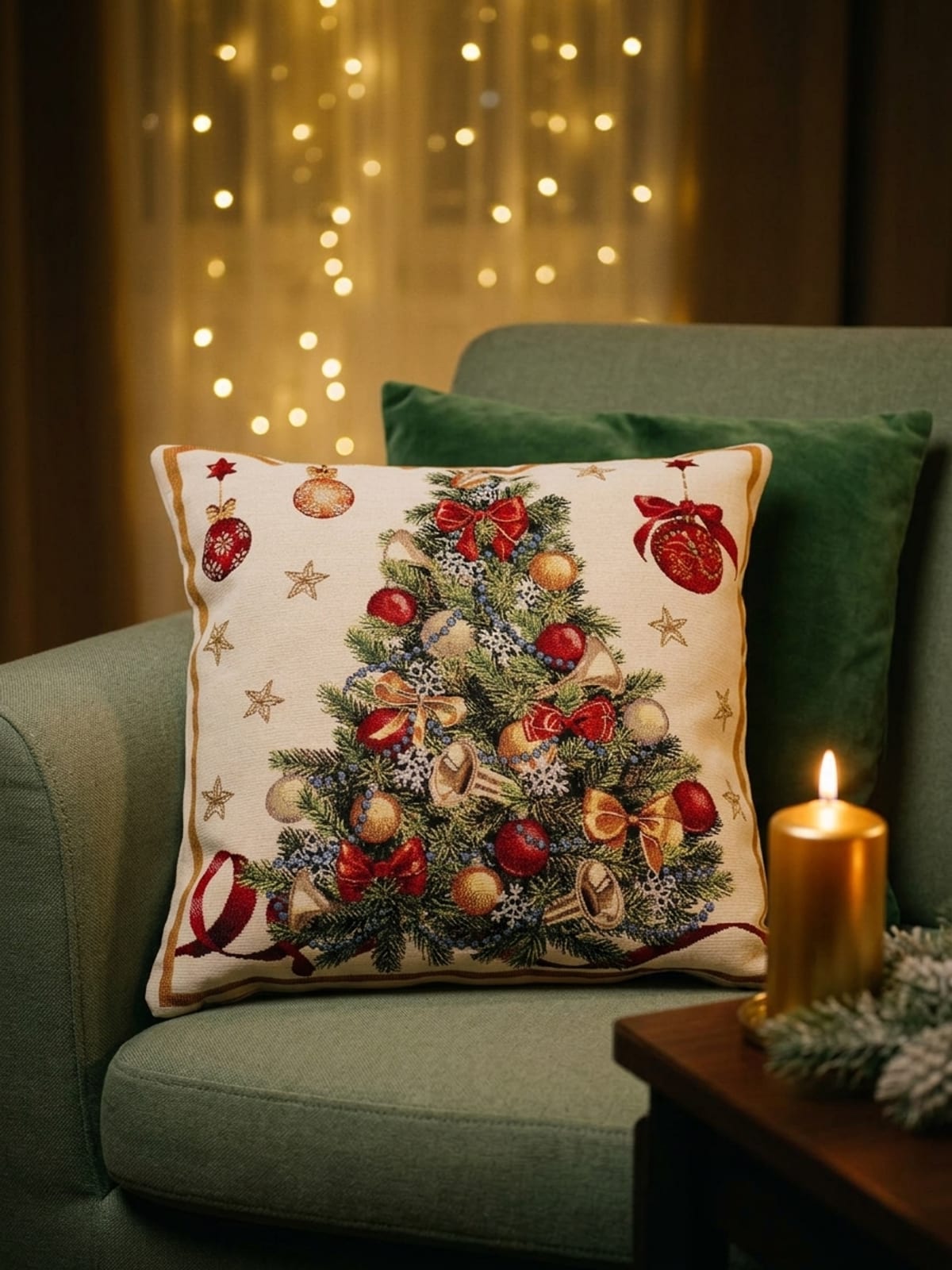 Wandbehang-Kissen mit gewebtem Christbaum auf einem salbeigrünen Sessel neben einer goldenen Kerze